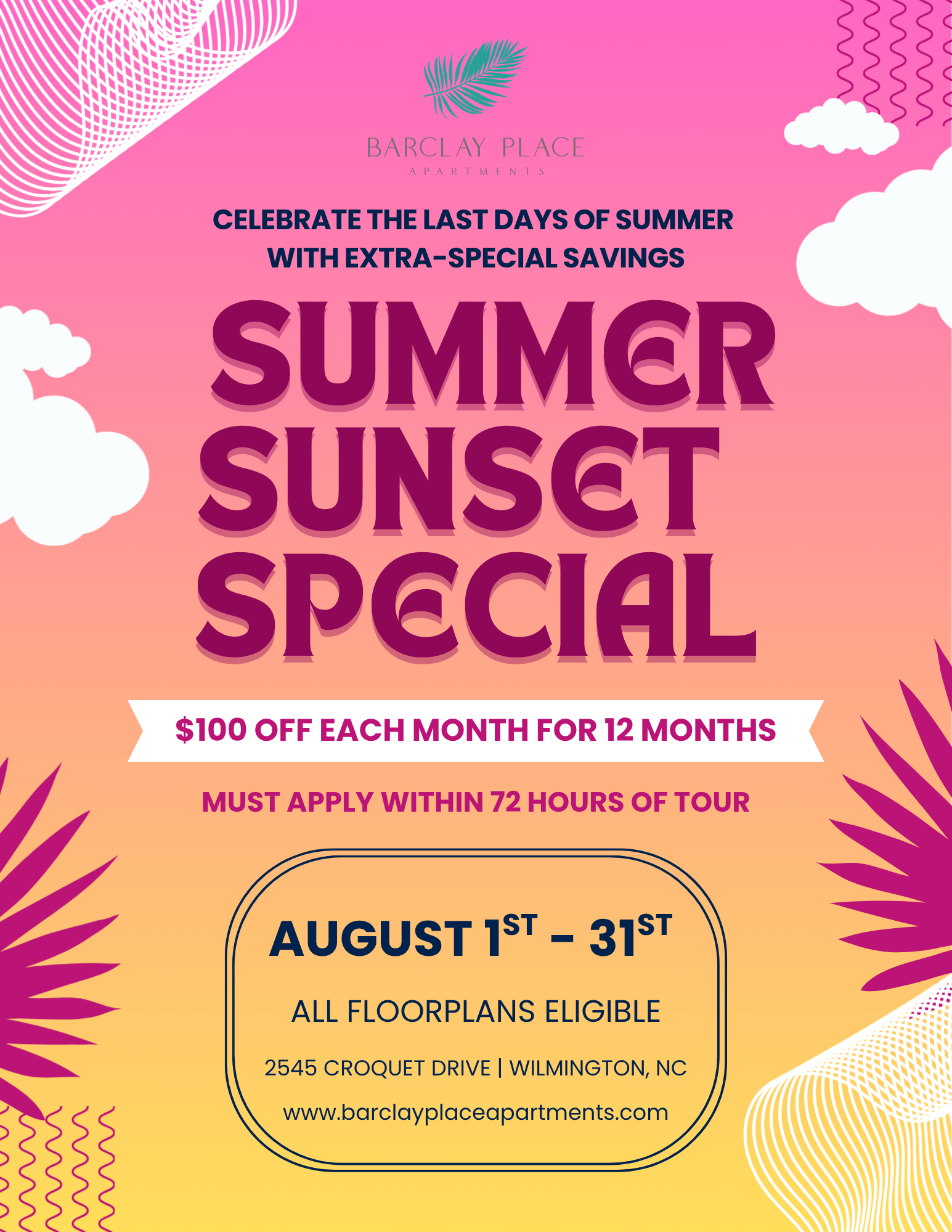 Summer Sunset Special: Get $100 Off Each Month For 12 Months When You Apply Within 72 Hours Of Touring! All Floorplans Eligible. Limited Time Only; Contact Us Today For More Details And To Schedule Your Community Tour!